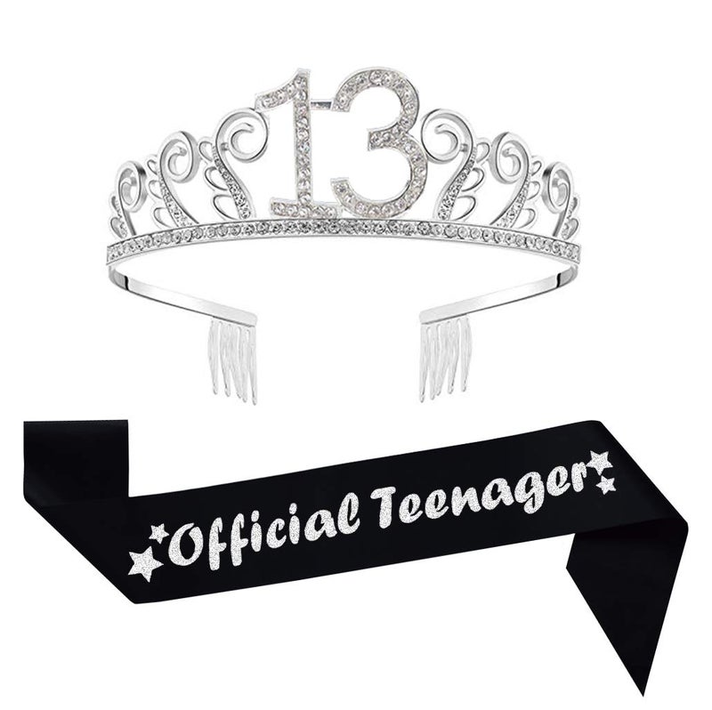 Mayin 13th Birthday Silver Tiara and Black Sash Glitter Satin Sash and Crystal Rhinestone Tiara Crown for Happy 13th Birthday Party Supplies Favors Decorations 13th Birthday Party Accessories - Image 1
